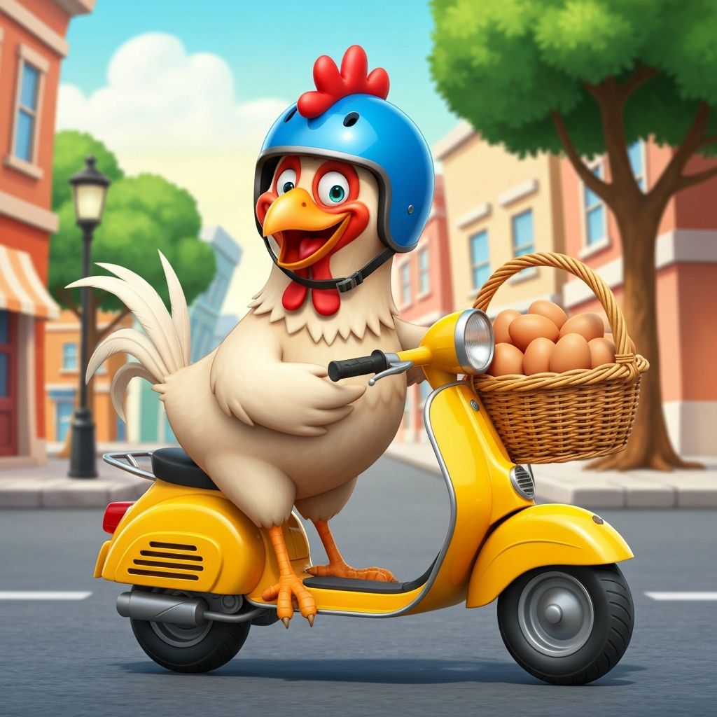 Høne på scooter som leverer egg